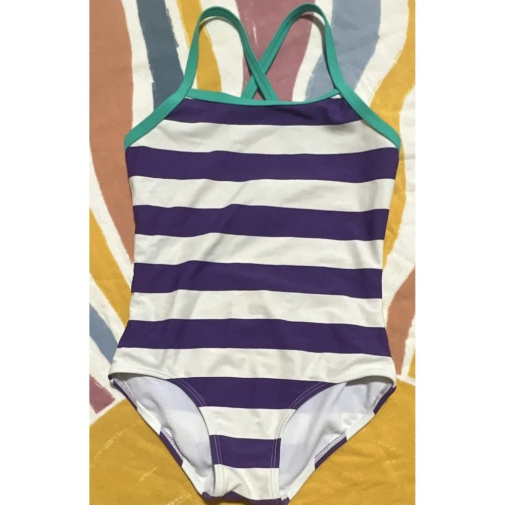 Kanu Girls One Piece Swimsuit Size 6 Purple/White/Green Striped 1 Piece